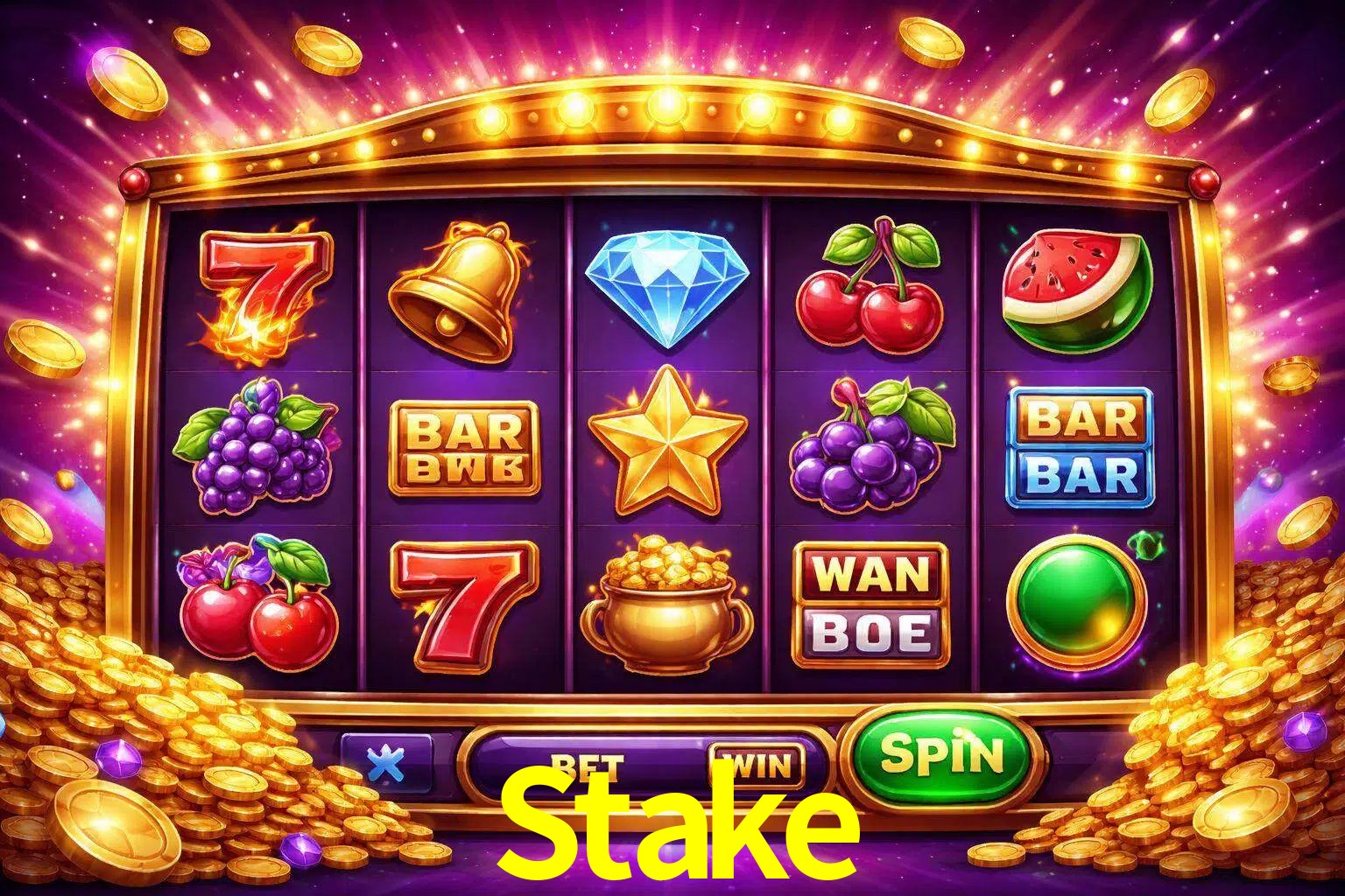 Una interfaz colorida de tragamonedas en línea con símbolos brillantes, monedas y un efecto de victoria celebratoria en Stake.