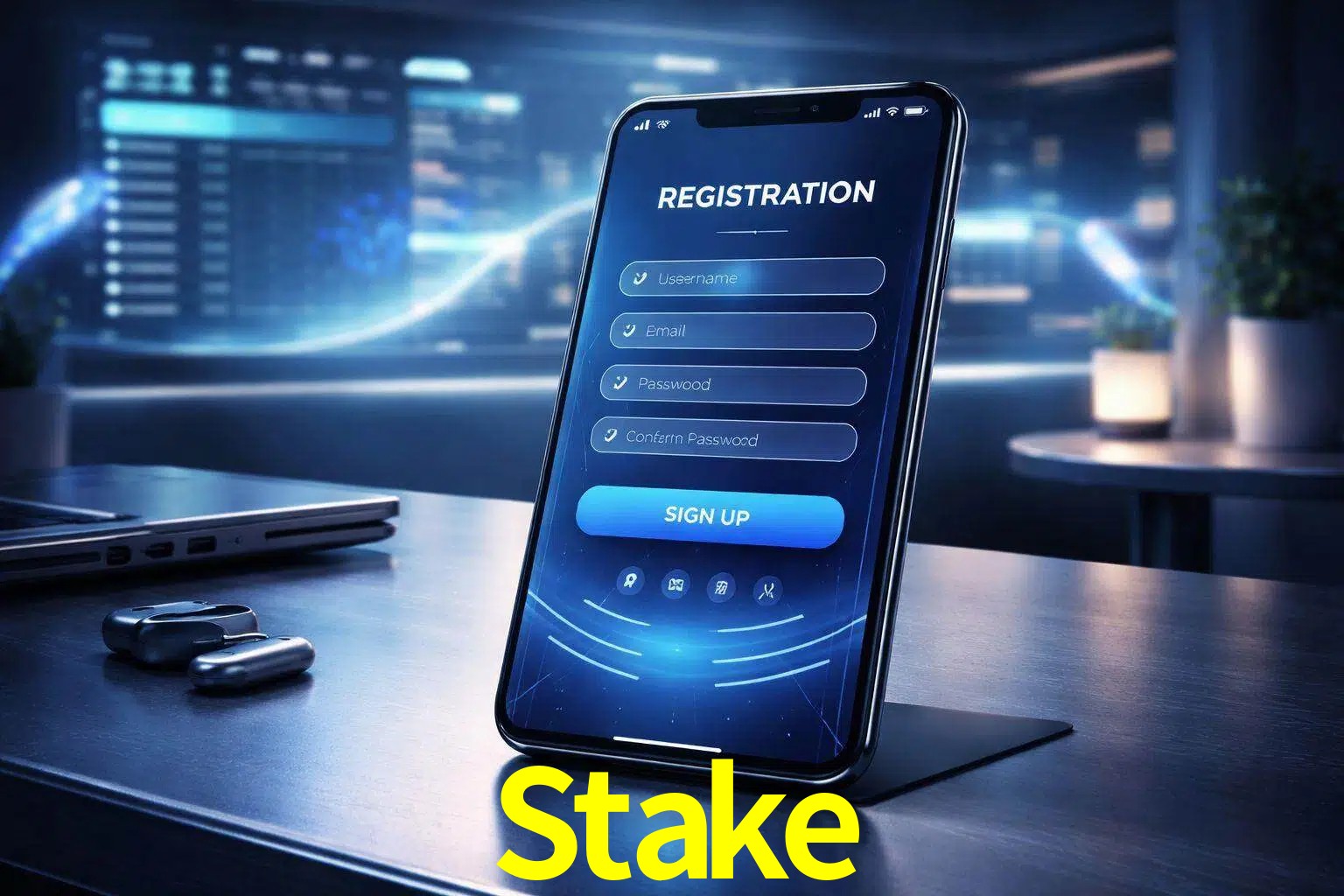 Una interfaz moderna de registro móvil para Stake mostrada en un smartphone con un panel de apuestas elegante.